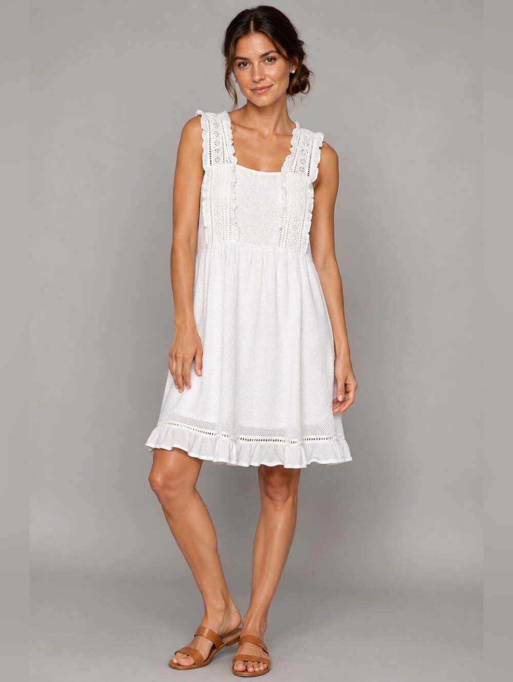 MNG Casual White Crochet Lace Ruffle Sundress Size M Cotton Boho Cottagecore